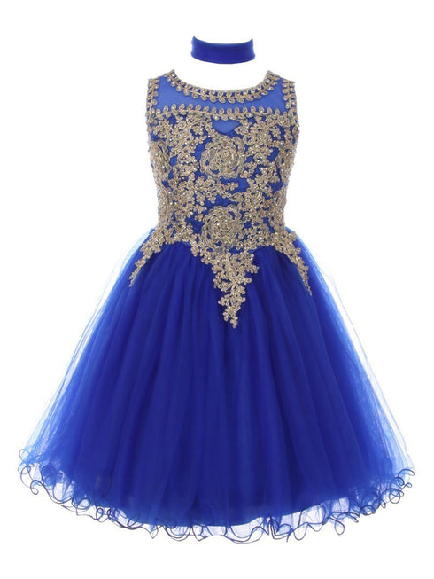 Girls Royal Blue Gold Trim Wire Tulle Flower Girl Junior Bridesmaid Dress 4-20